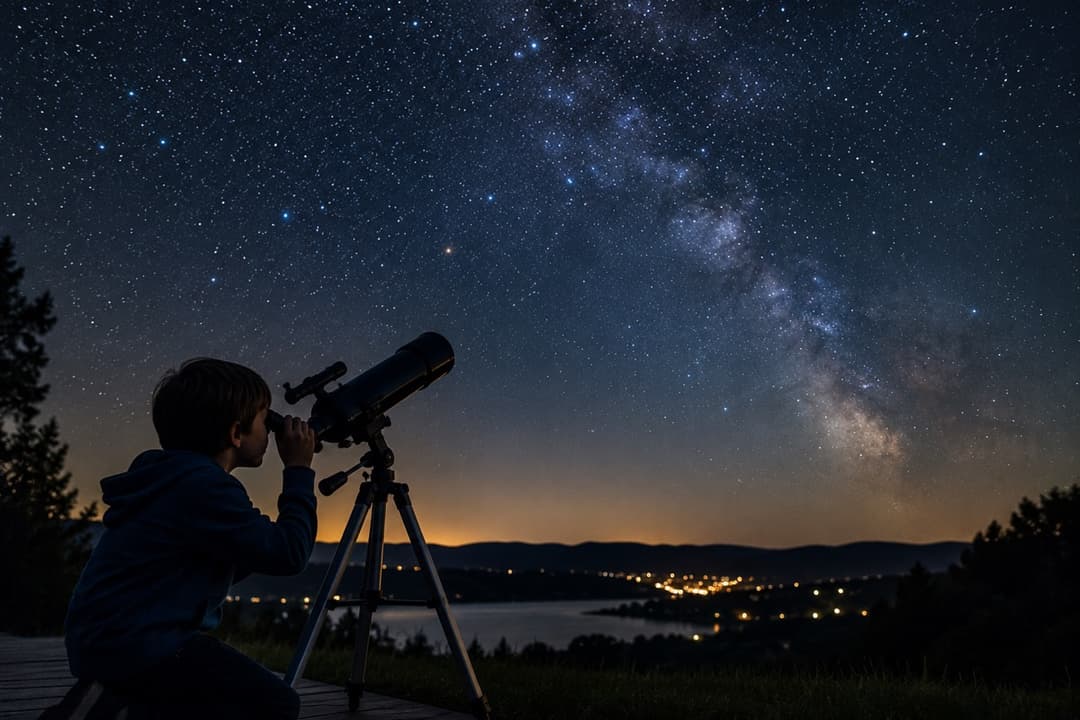 Child looking through a telescope — curiosity-driven discovery