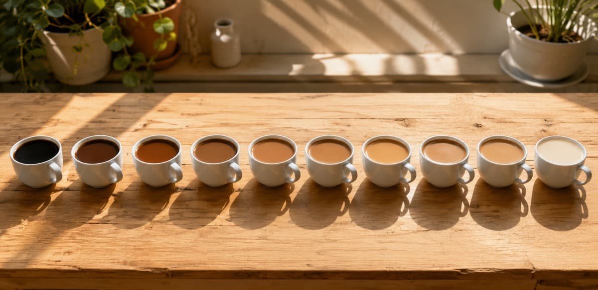 Nine coffee cups in a gradient from black to milky white — a visual experiment