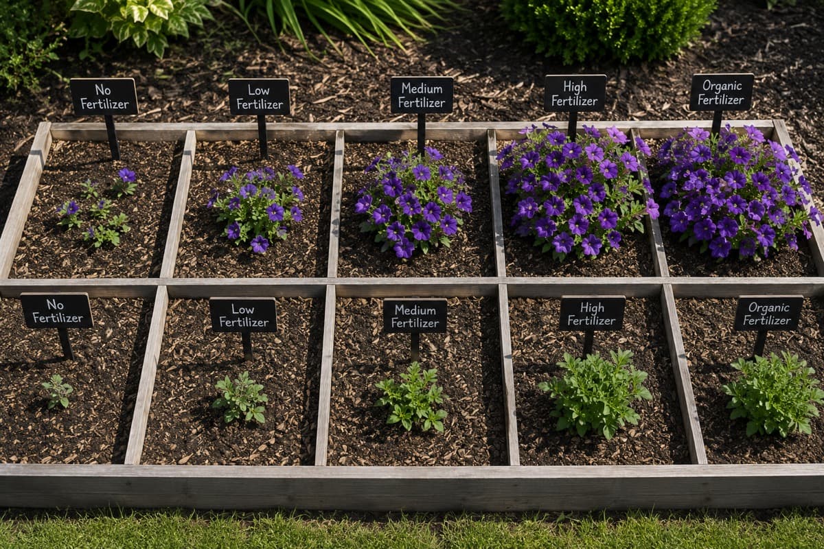 Raised garden bed divided into labeled sections testing different fertilizer levels